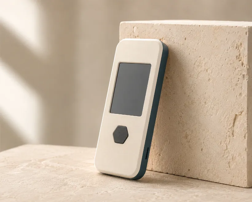 Hexlock wallet against a travertine block